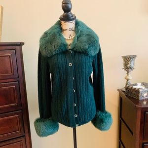 STUNNING wool green sweater/ coat + faux trim